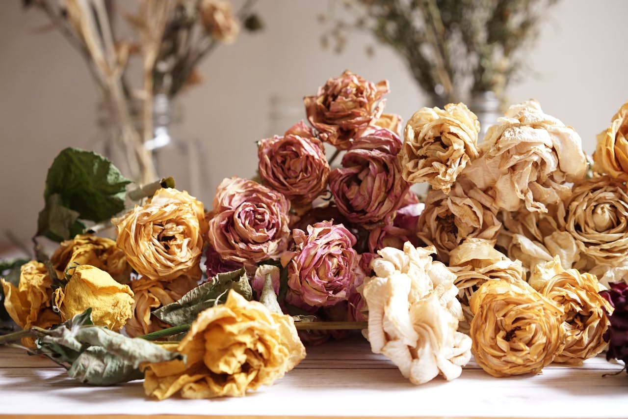 Assorted dried roses in yellow, pink, and cream tones lying on a wooden surface with blurred background jars
