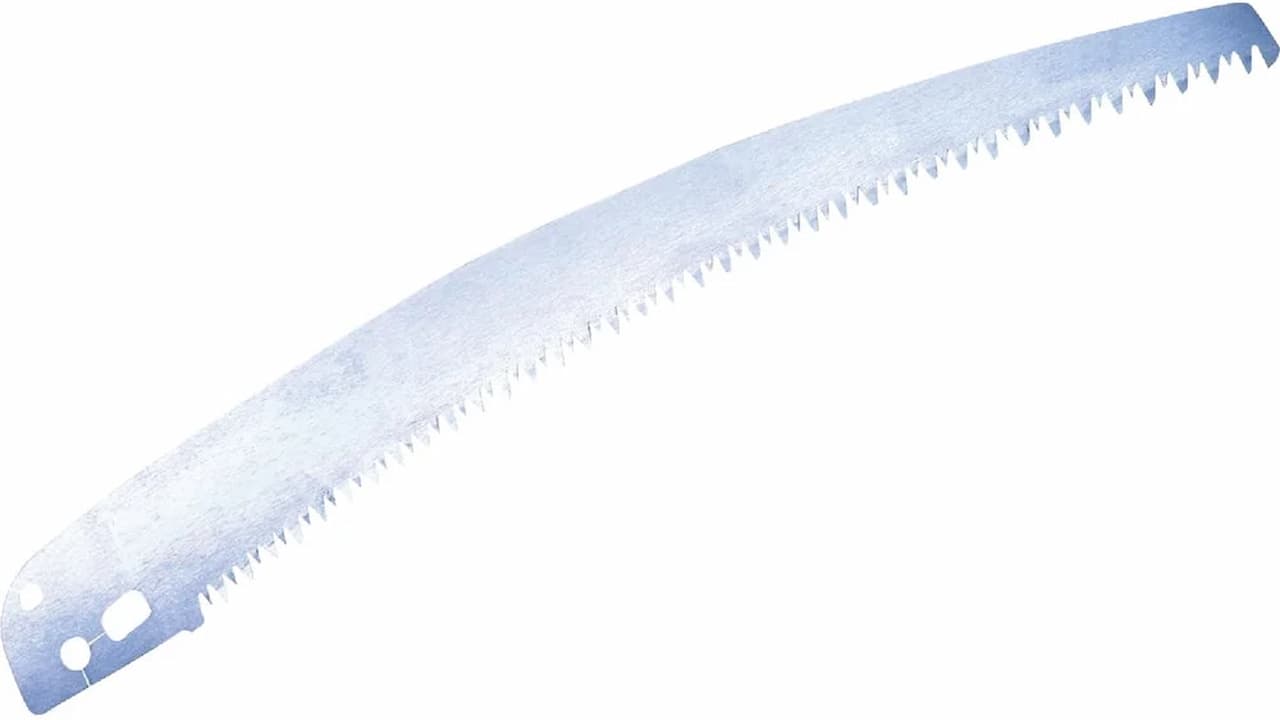 A curved, silver-colored replacement pruning saw blade with sharp, jagged teeth and mounting holes at one end, isolated on a white background