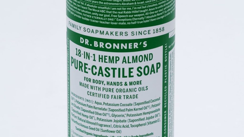 Dr. Bronner's 18-in-1 Hemp Almond Pure-Castile Soap bottle with green and white label showing ingredients list