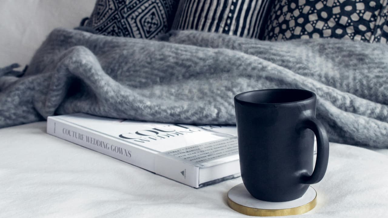 Atop a cozy bed with a gray blanket and patterned pillows