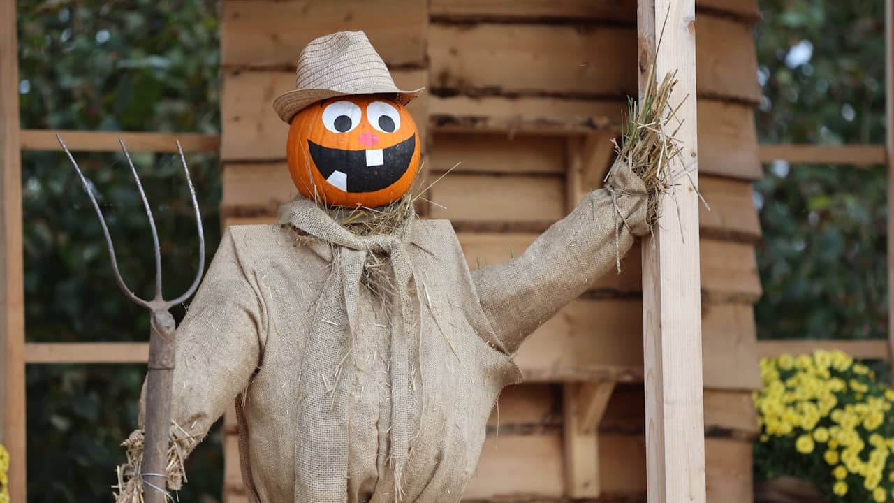Wearing a burlap outfit and a straw hat, holding a pitchfork in one hand and leaning against a wooden post