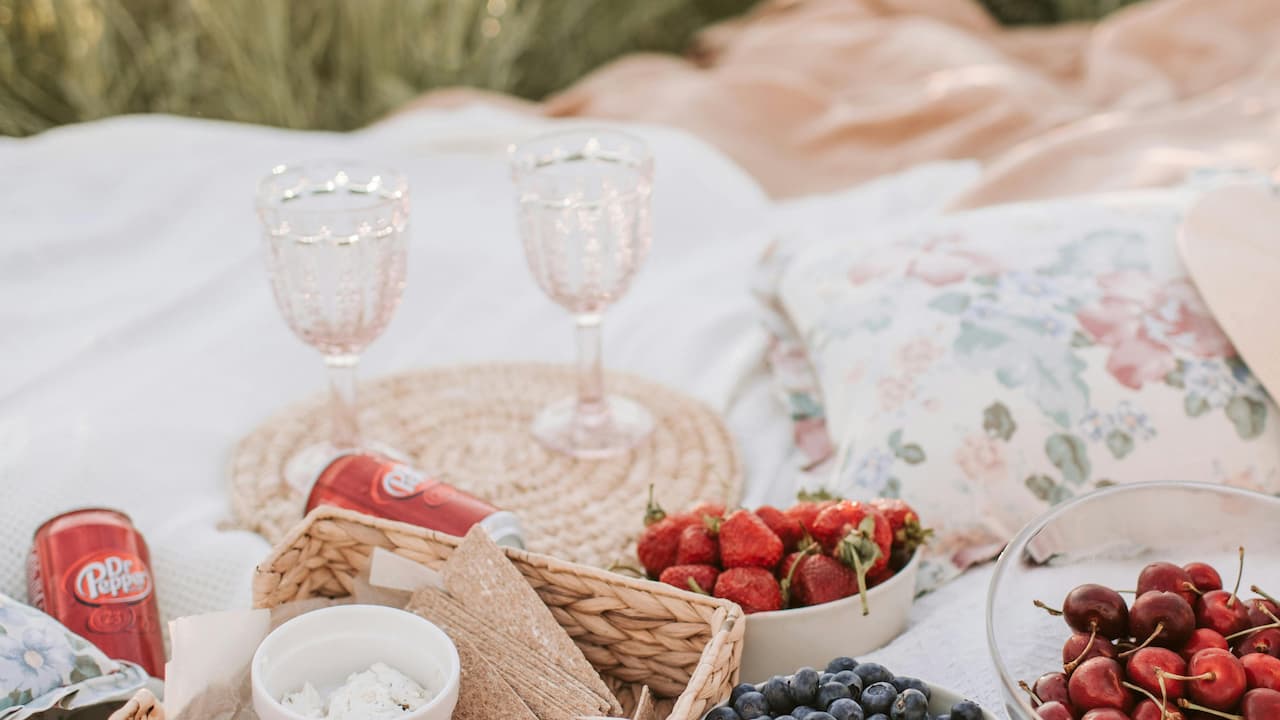 Outdoor picnic setup on a blanket with floral pillows, glass goblets
