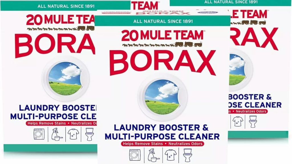 Three boxes of 20 Mule Team Borax laundry booster and multi-purpose cleaner with green and white packaging