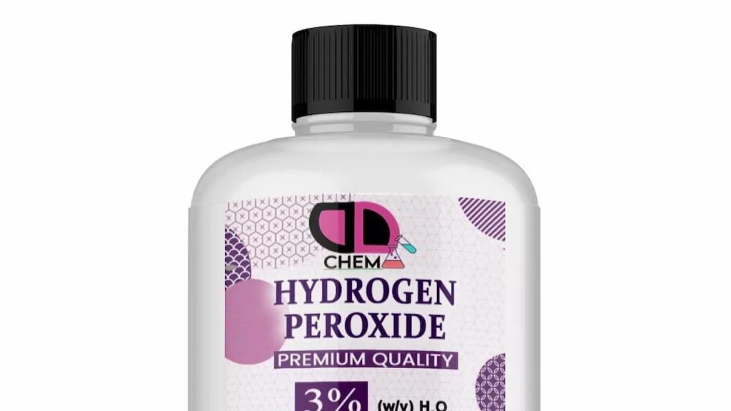 White plastic bottle of CD Chem hydrogen peroxide 3% premium quality solution with black ribbed cap