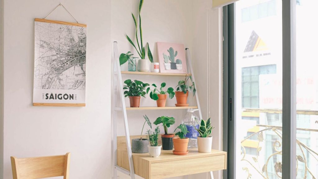 White ladder shelf displaying potted plants next to Saigon map poster and wooden chair near large window