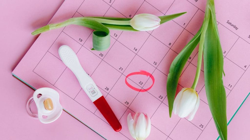 Pink calendar with pregnancy test, pacifier, and white tulips arranged on surface with date 22 circled in red