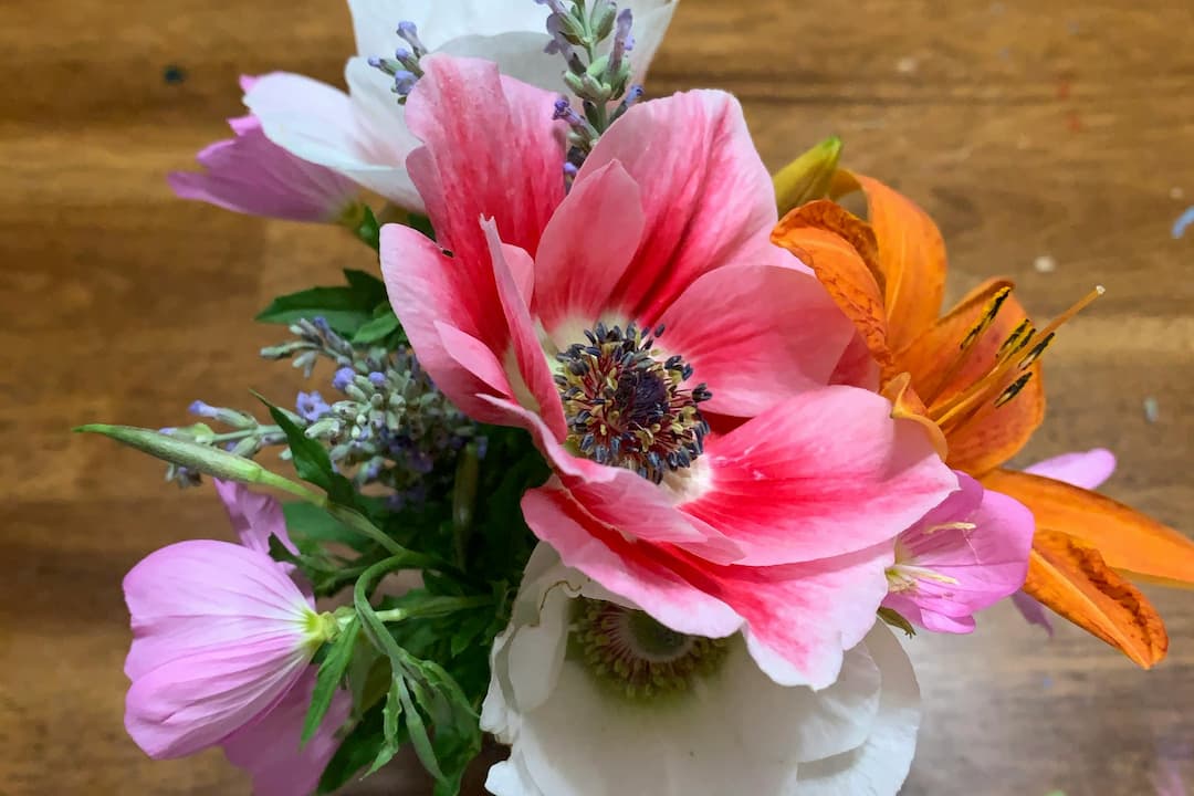 Close-up of a vibrant floral arrangement featuring a pink anemone with a dark center, orange lily, white anemone, light pink mallow, sprigs of lavender