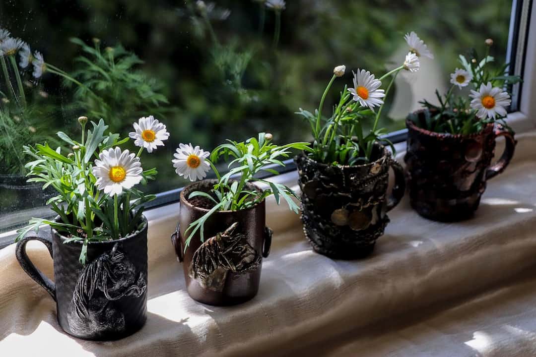 four decorative mugs used as flower pots, each filled with blooming white daisies, placed on a sunlit windowsill, green foliage outside the window
