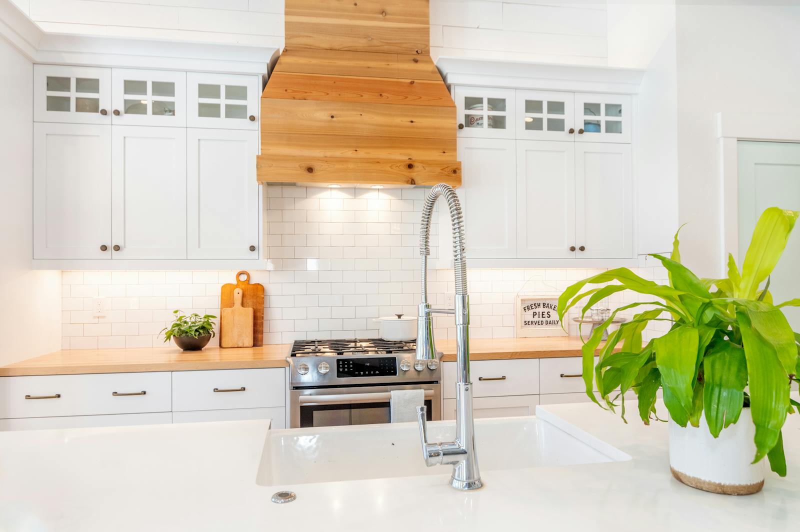 Spacious and clean kitchen featuring a minimalist design with a marble top island and houseplants.