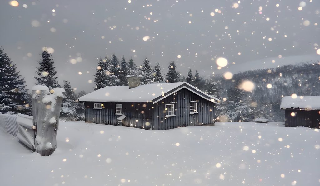 A snow covered field with a house in the background