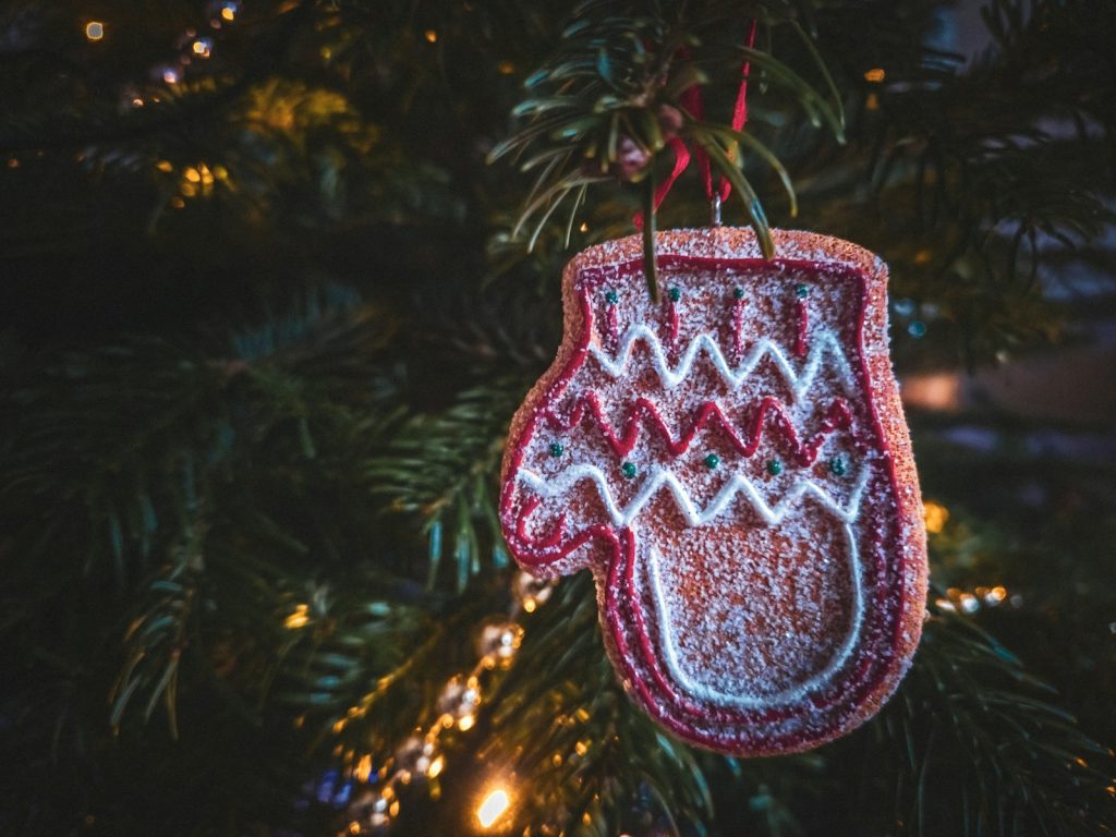 A christmas ornament hanging from a christmas tree