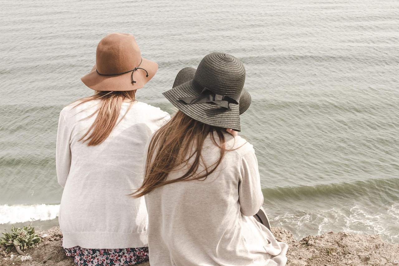 beach, hats, women, nature, pair, couple, fashion, style, stylish, backs, young women, shore, seashore, friendship, girl friends, ocean, outdoors, people, sand, sea, water, friends
