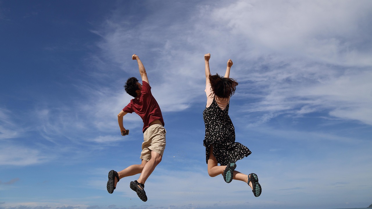 jump, sky, man, clouds, height, girl, woman, happiness, nature, joy, happy, blue sky
