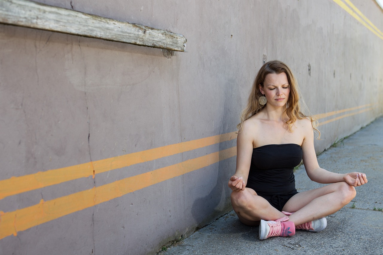 meditation, yoga, woman, blond, person, female, cross legged, urban, strip, wall, closed eyes, nature, relaxation, summer, pleasure