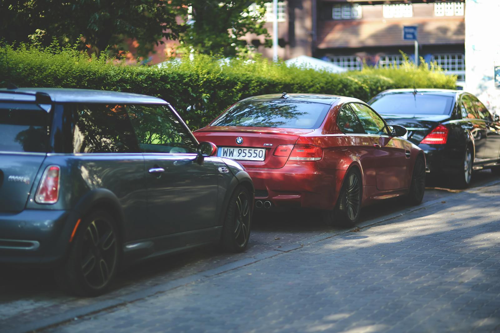 BMW M3 and Mini Cooper parked on a tree-lined street, showcasing sleek auto design.