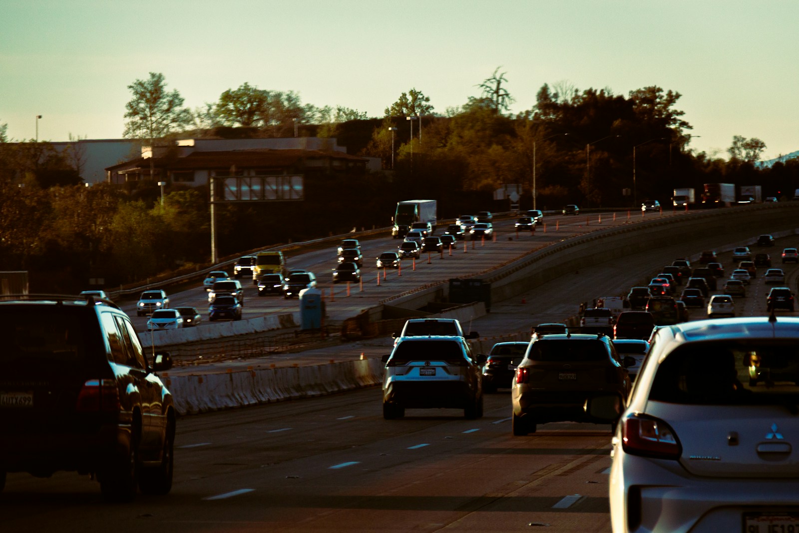 Traffic congestion jams a busy highway.