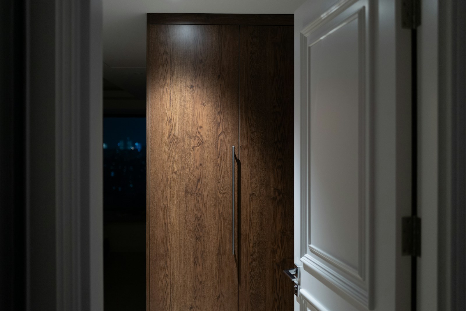 A modern wooden door with a spotlight above.