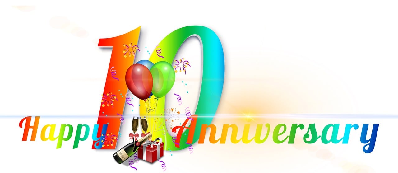 anniversary, celebration, banner, ten, tenth, 10, header, commemorate, congratulation, greeting card, balloon, fireworks