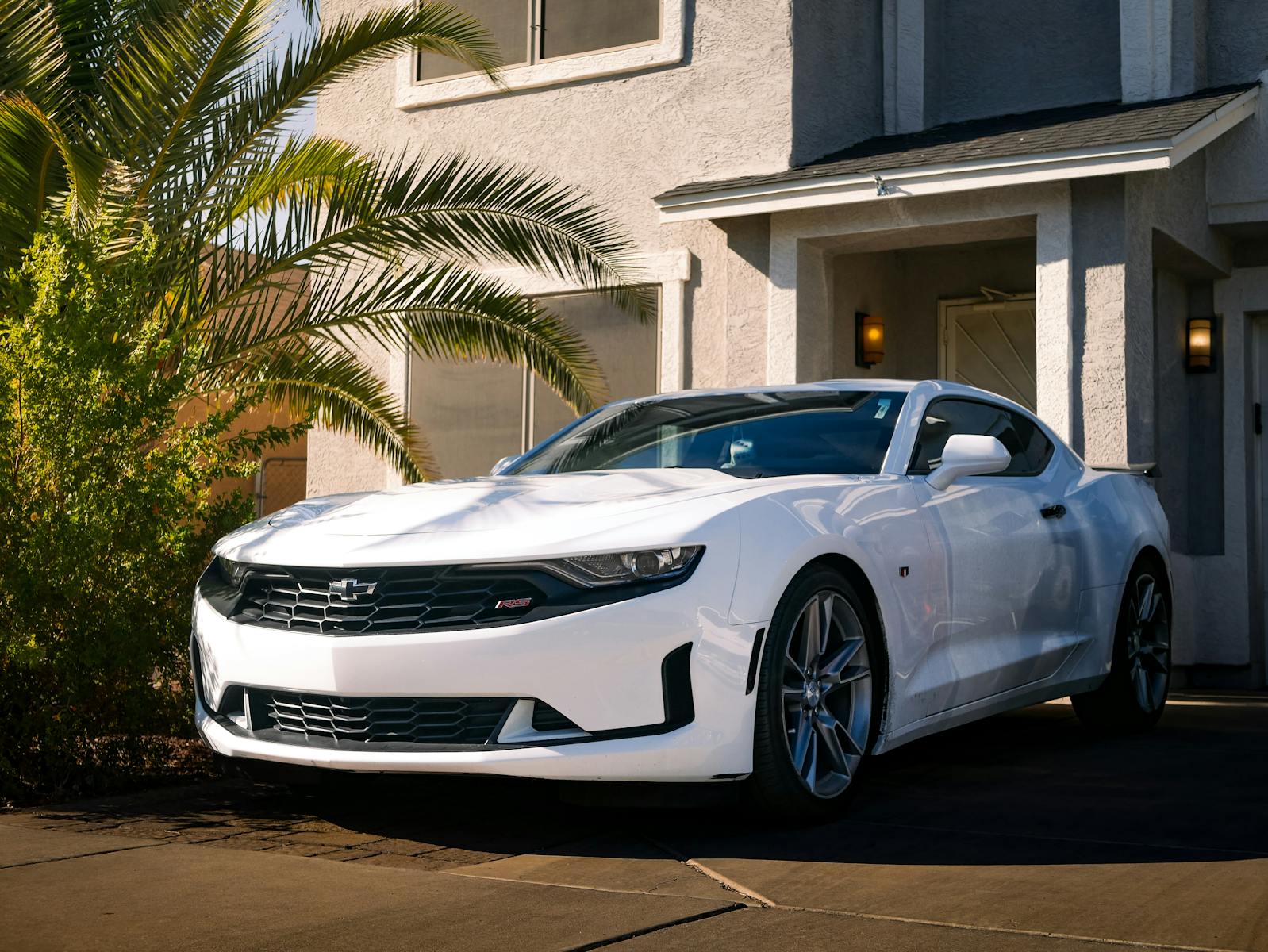 White sports car parked outside a modern house under palm trees.