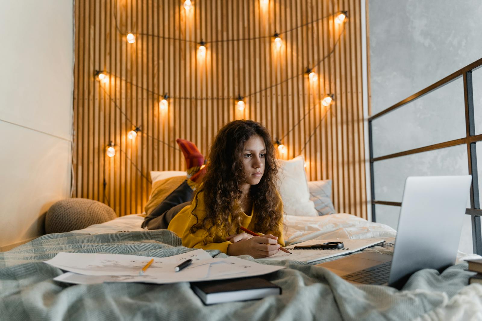 Teenager focused on studying at home, using a laptop while lying on bed with warm light decor.
