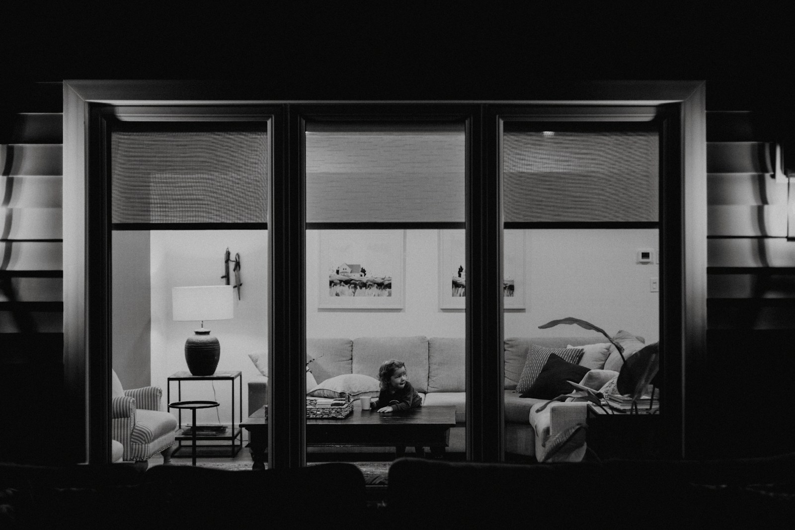 A black and white photo of a living room