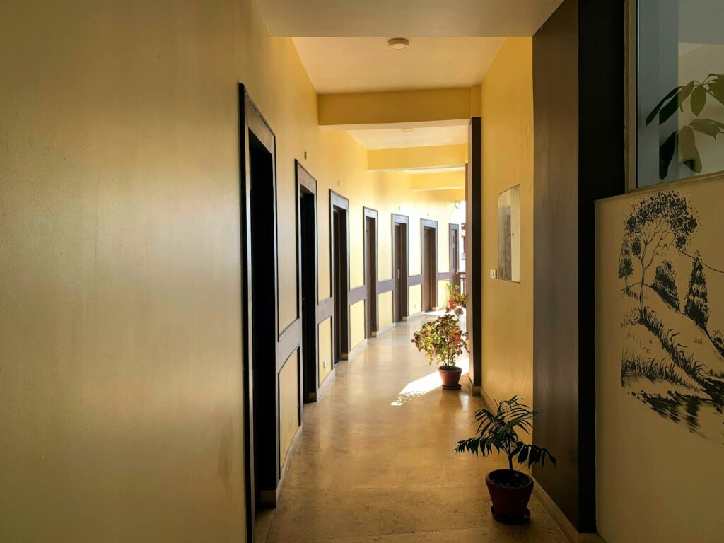 a long hallway with a potted plant next to it