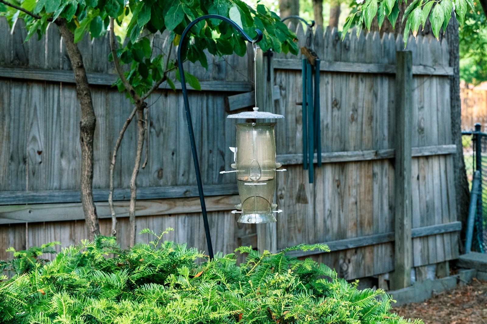 A bird feeder in a garden next to a fence