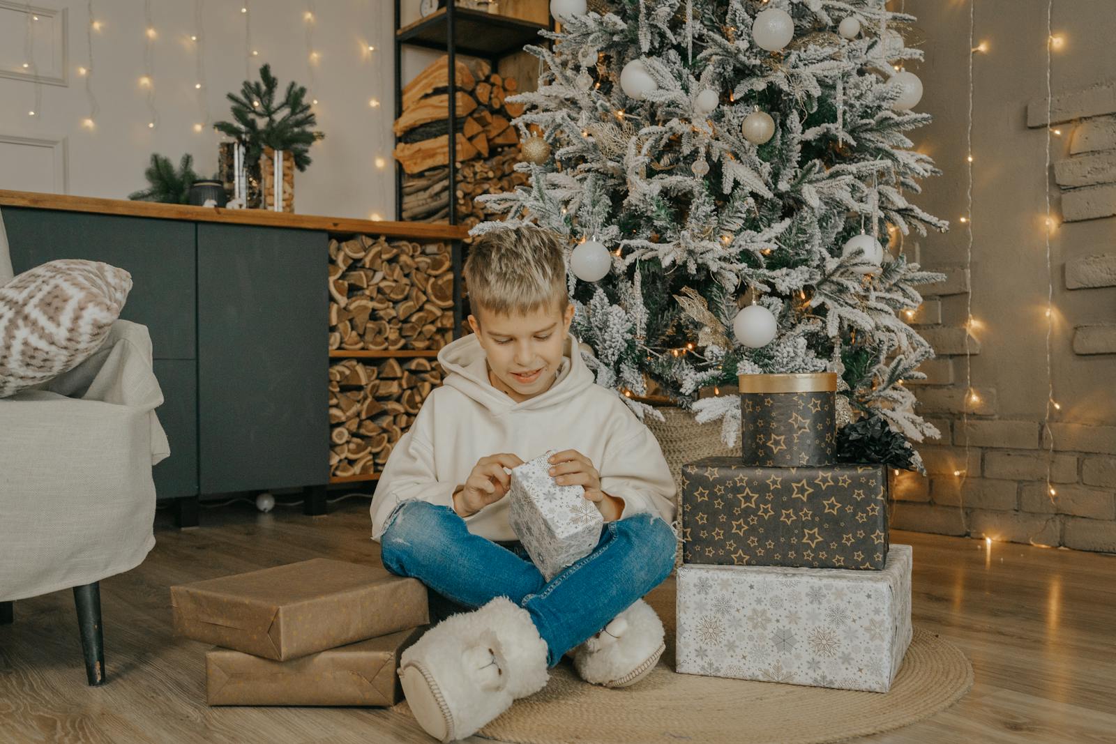 A young boy excitedly opens presents near a beautifully decorated Christmas tree indoors.