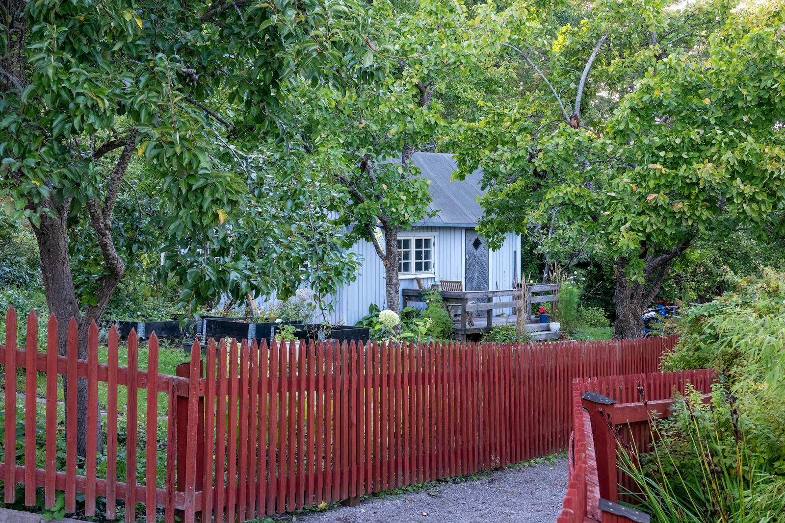 Idyllic garden scene with red fence and trees in Stockholm, Sweden.