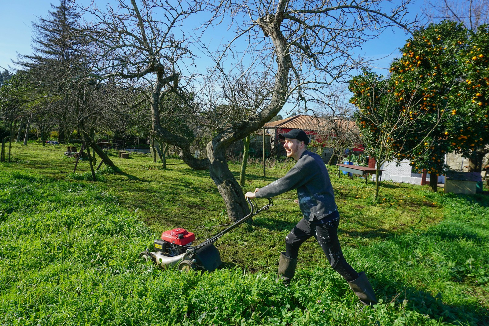 A man mowing the grass with a lawnmower
