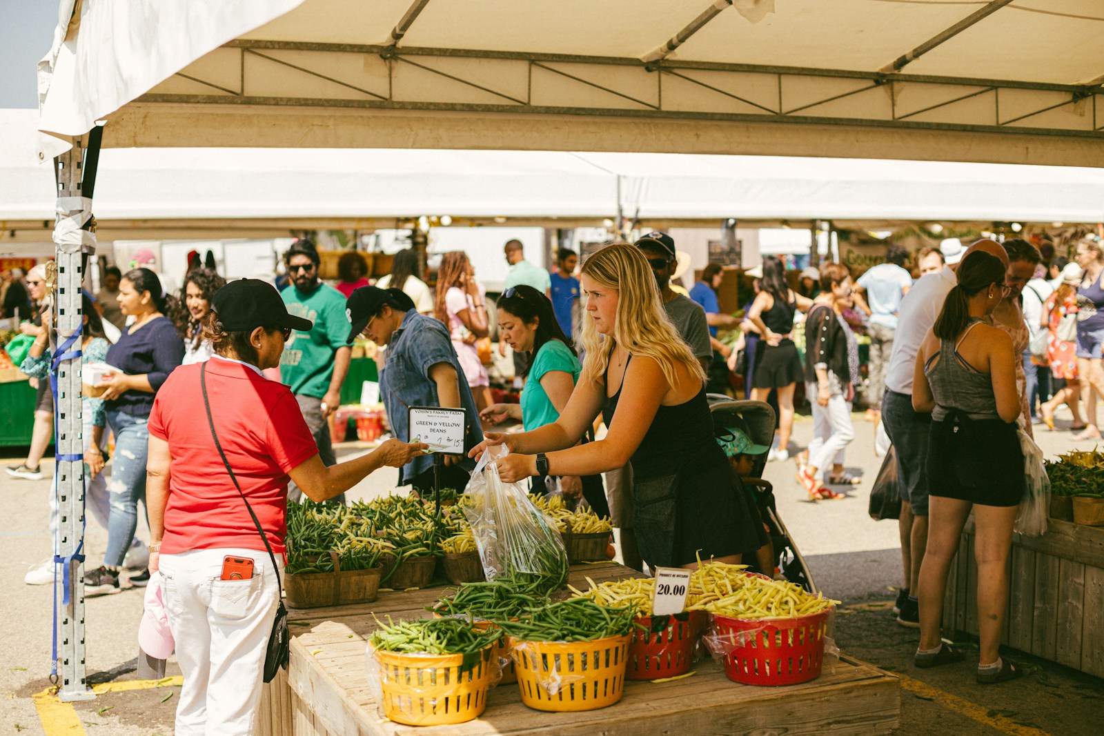 People shopping for fresh produce at an outdoor market.