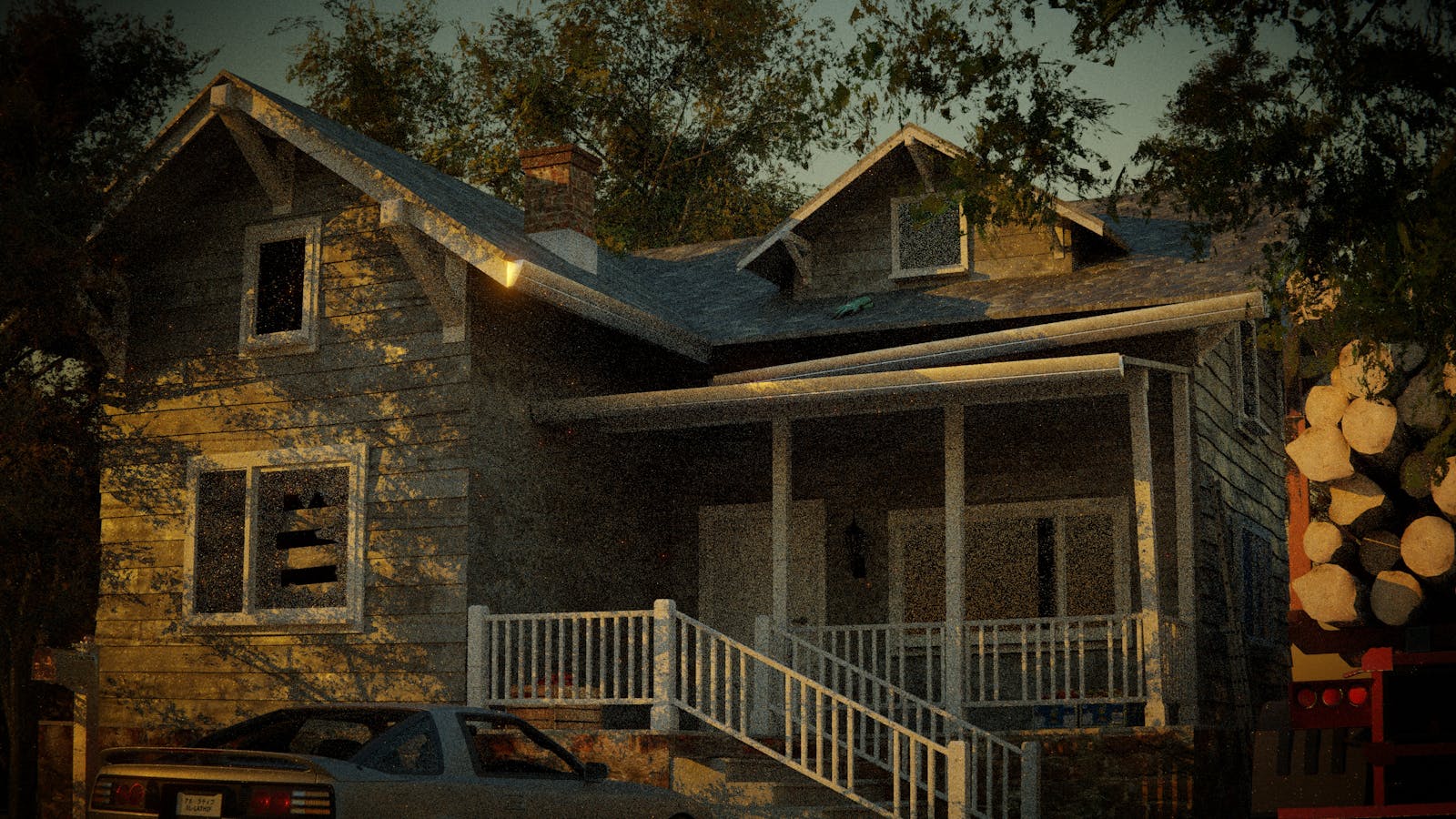 A picturesque rustic house surrounded by trees during sunset, evoking tranquility.
