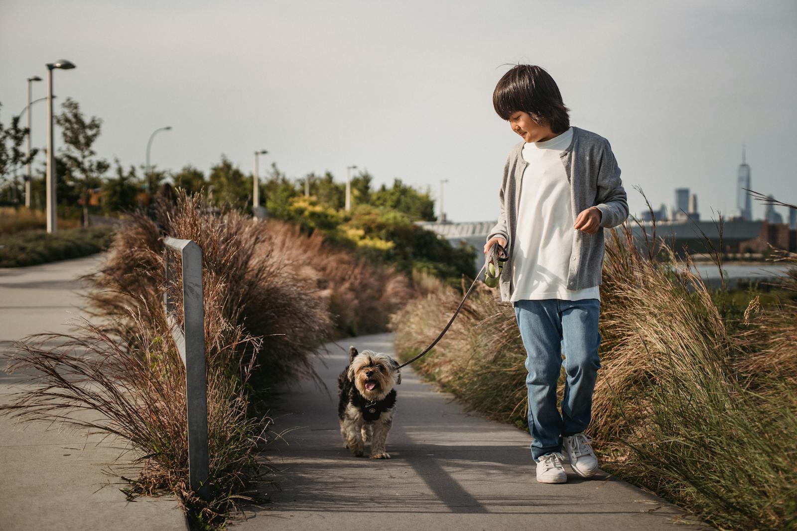 Full length of cheerful child holding leash with adorable puppy while strolling together in city park