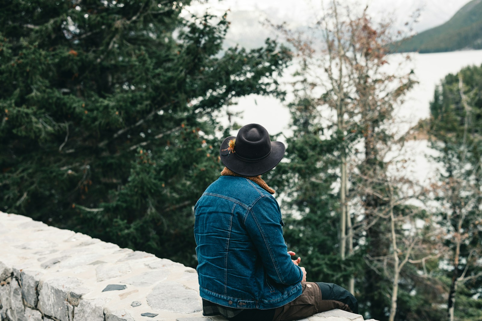 a person sitting on a stone wall overlooking a lake