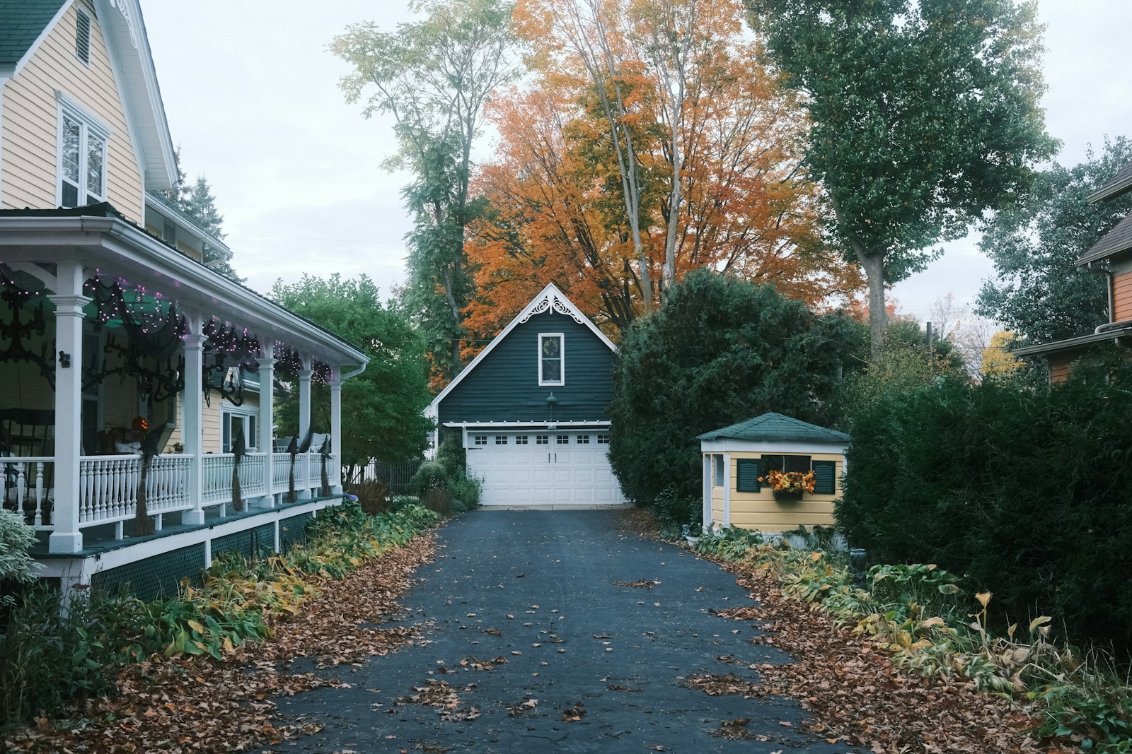 Driveway leading to a garage with autumn trees.