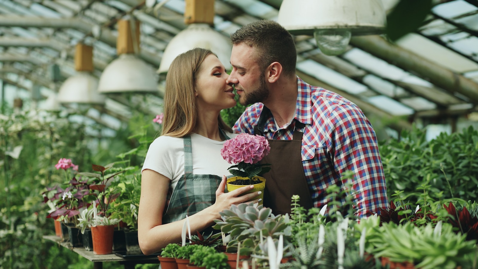 Couple kissing while holding a potted flower in greenhouse