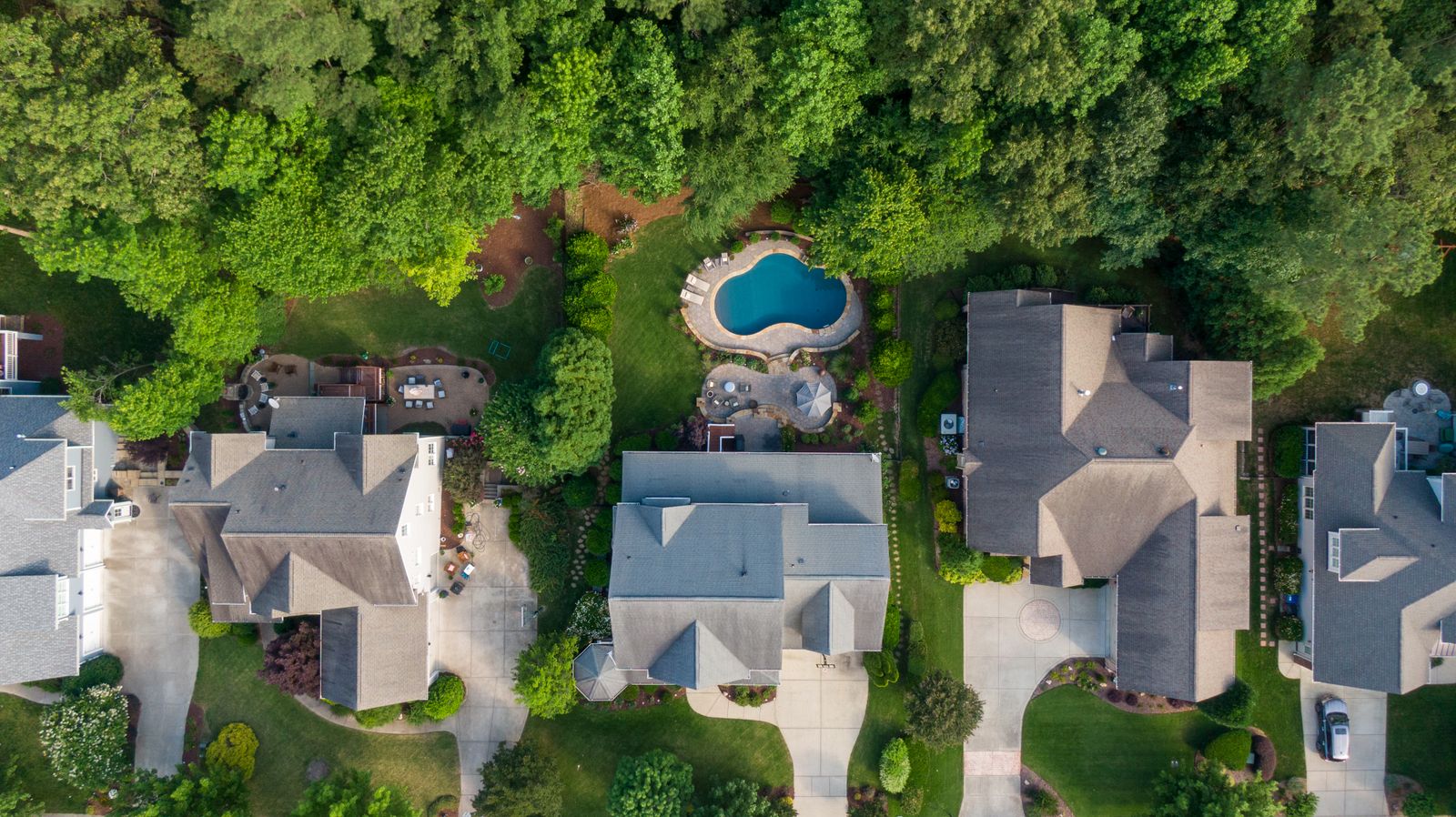 Aerial view of suburban neighborhood in Wake Forest, NC, showcasing lush green backyards and a swimming pool.