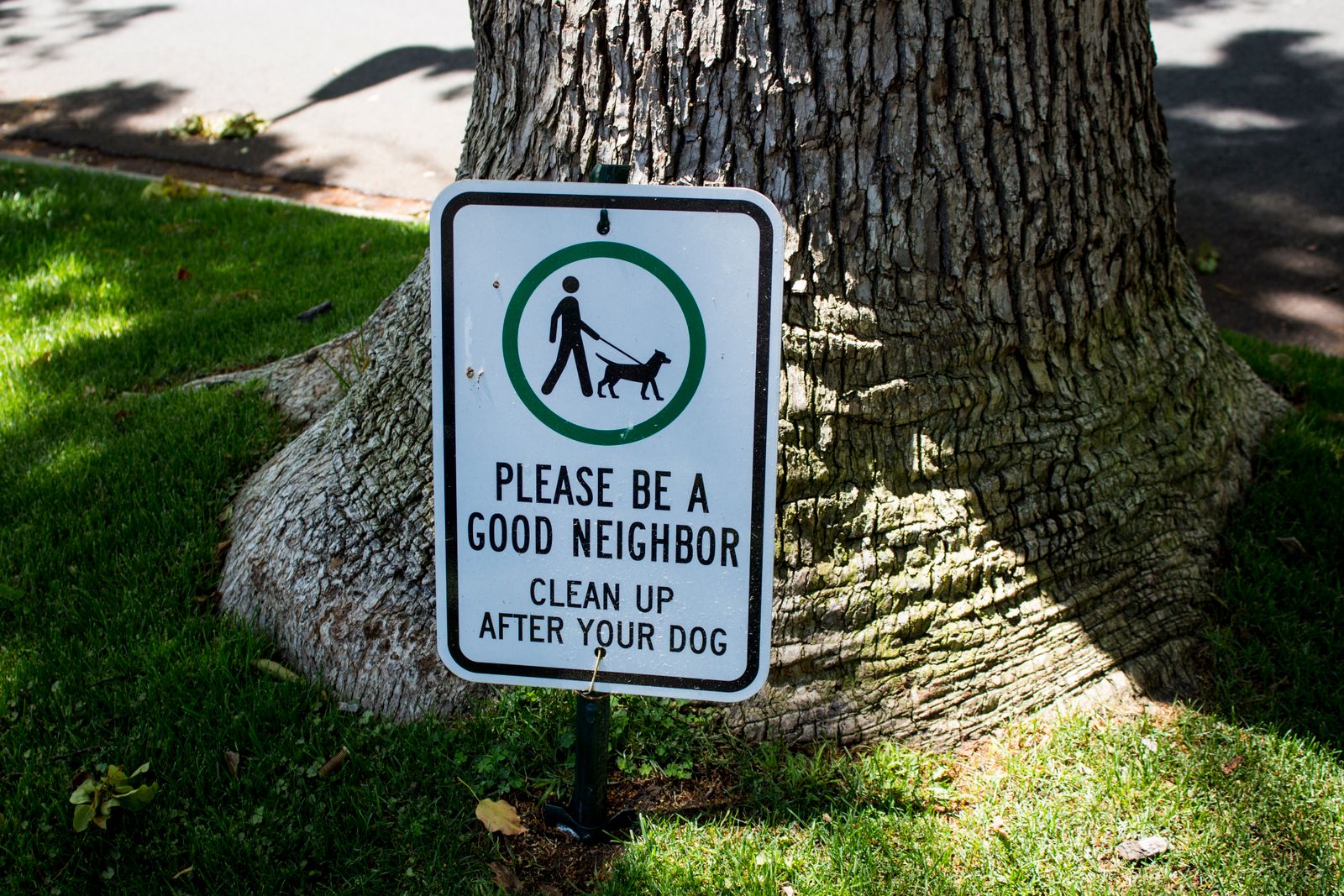 Sign in Beverly Hills park urging dog owners to clean up after their pets.