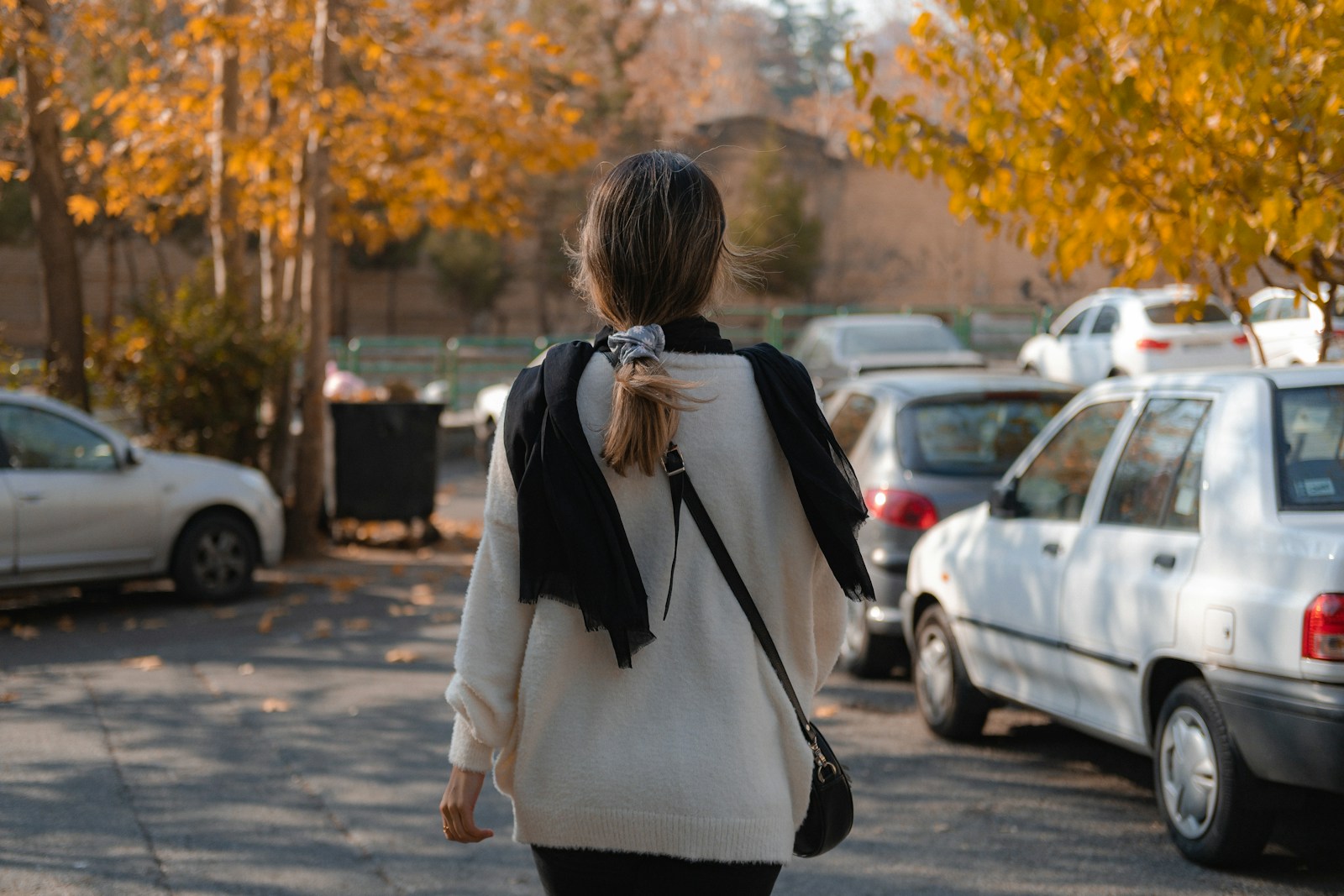 a woman is walking down the street with her back to the camera