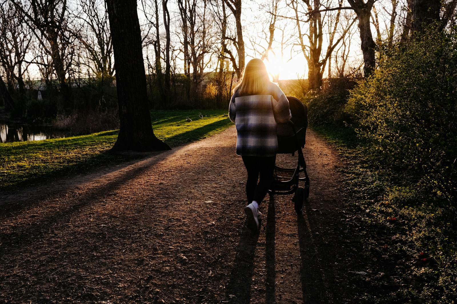 A person walks down a path with a stroller.