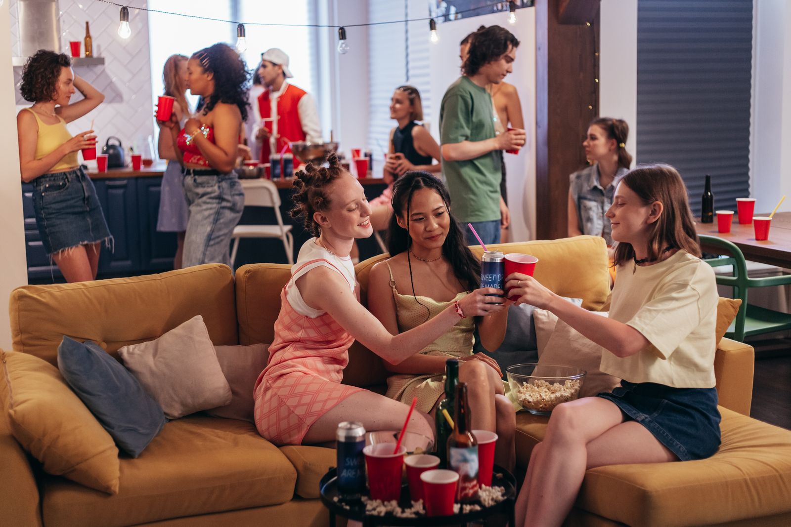 A vibrant indoor party scene with friends enjoying drinks and snacks, creating a fun atmosphere.