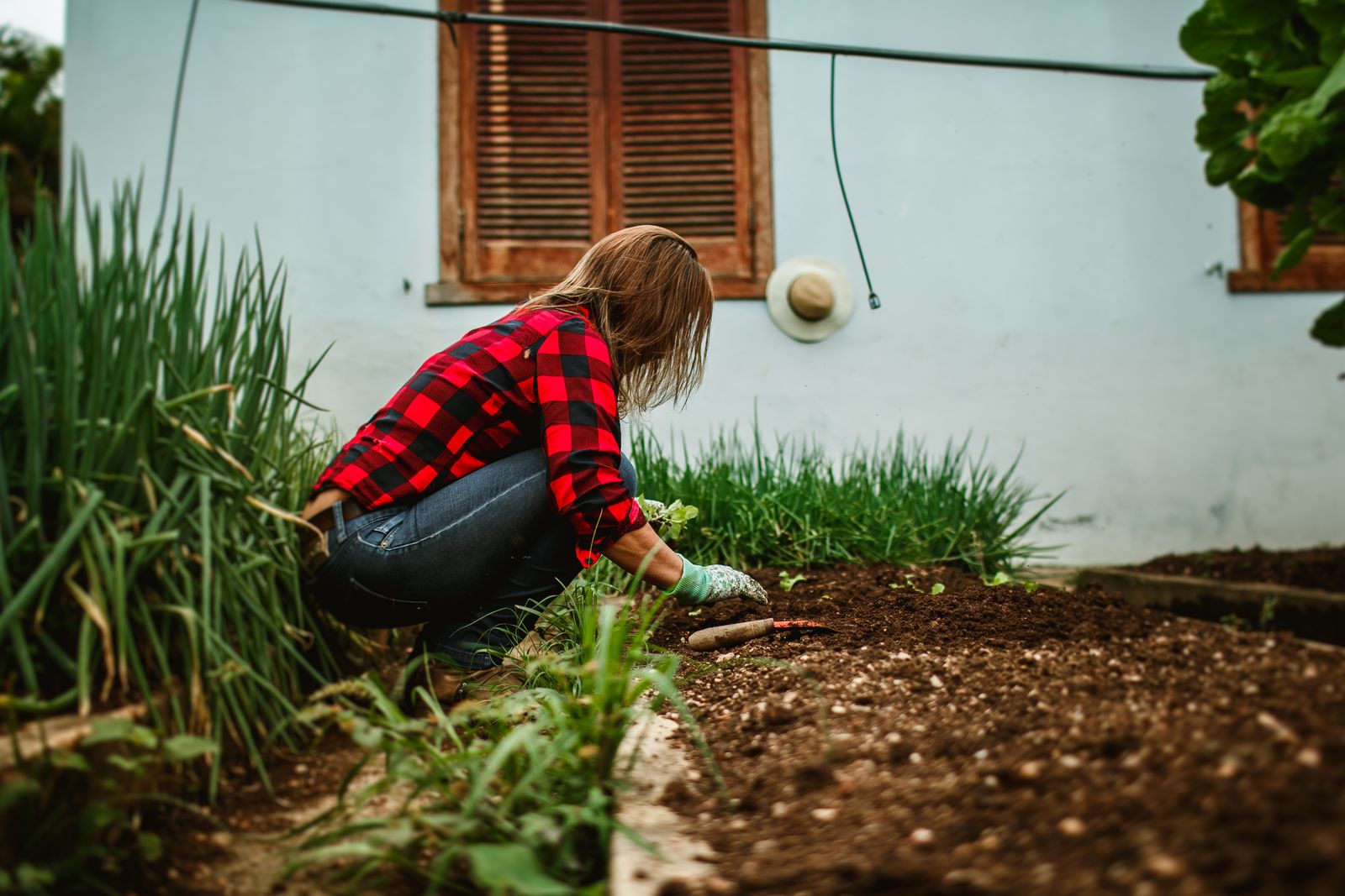 A woman gardening in a lush backyard, nurturing plants and soil in early summer.