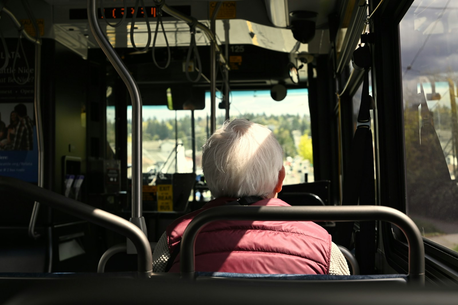 An elderly person rides the bus, looking ahead.