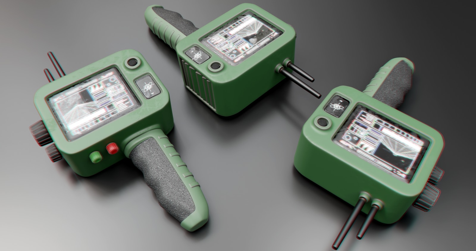 Three green medical devices on a gray surface