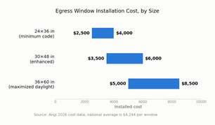 Range bar chart of egress window installation costs by window size, from minimum code to maximized daylight openings