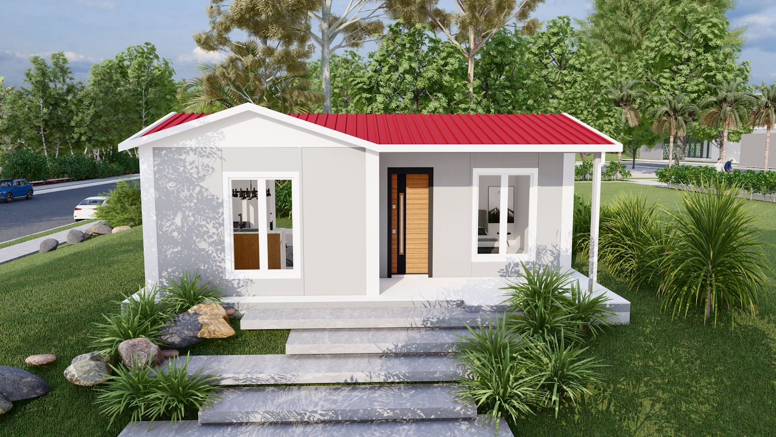 A small, modern prefabricated house with a red roof