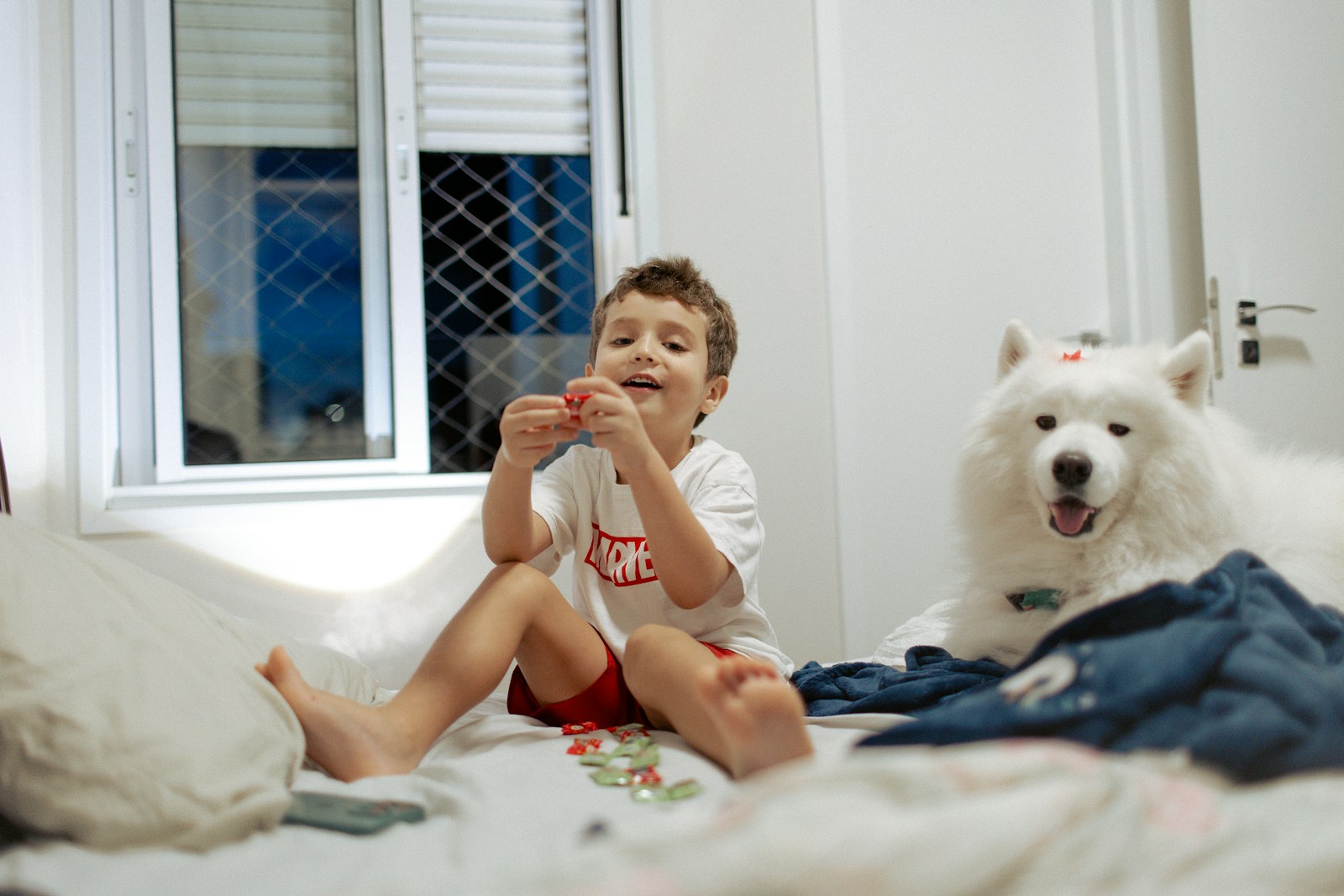 A boy and a white dog sitting on a bed