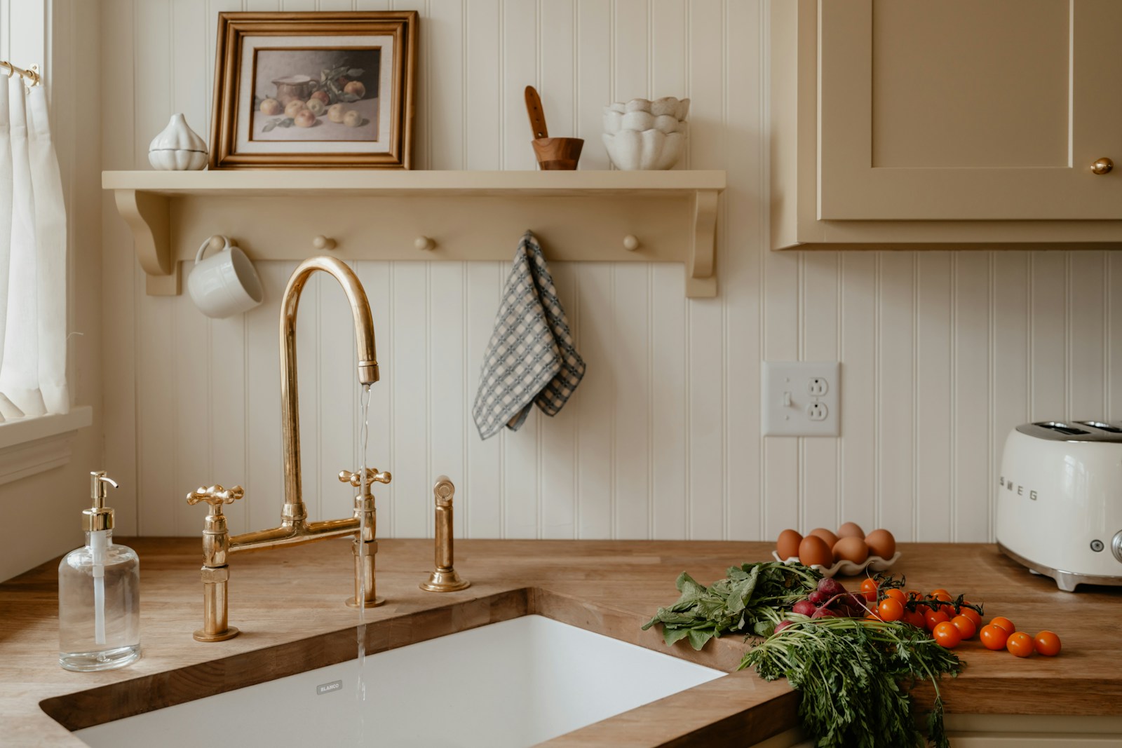Cozy kitchen scene with sink, shelf, and groceries