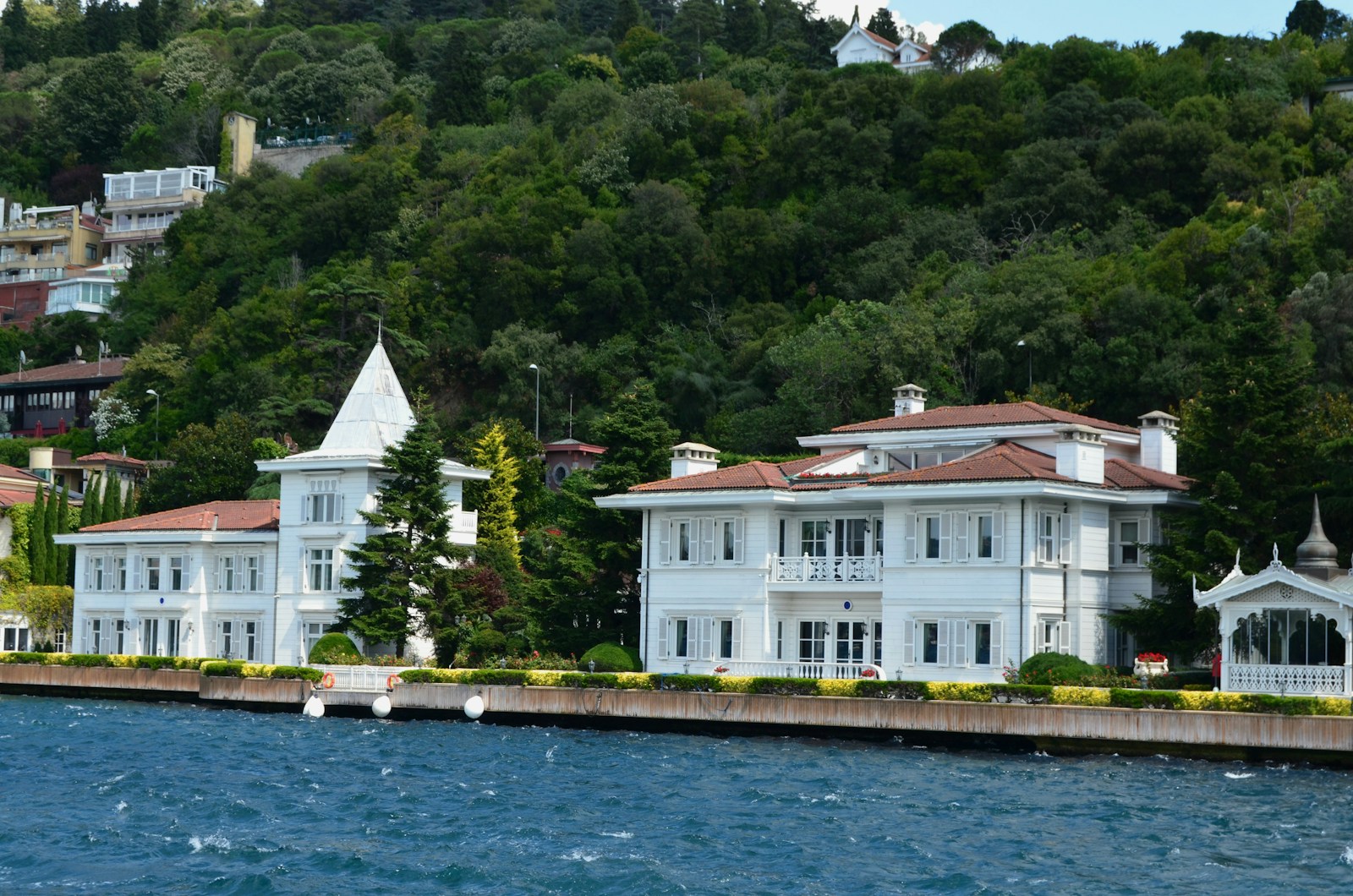 White mansions line the waterfront with a lush green hill