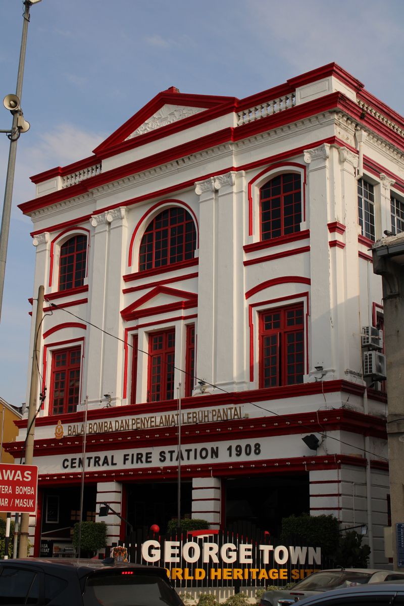 Historic Central Fire Station in George Town, Penang, iconic architecture.